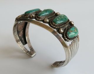 Green CERRILLOS TURQUOISE Vtg Navajo sterling silver cuff bracelet 60 ' era 3