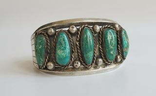 Green CERRILLOS TURQUOISE Vtg Navajo sterling silver cuff bracelet 60 ' era 4