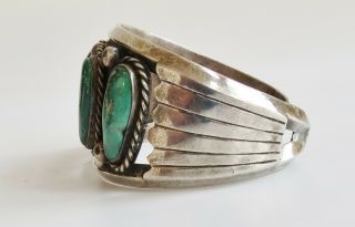 Green CERRILLOS TURQUOISE Vtg Navajo sterling silver cuff bracelet 60 ' era 6