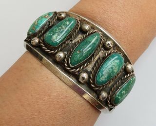 Green CERRILLOS TURQUOISE Vtg Navajo sterling silver cuff bracelet 60 ' era 8