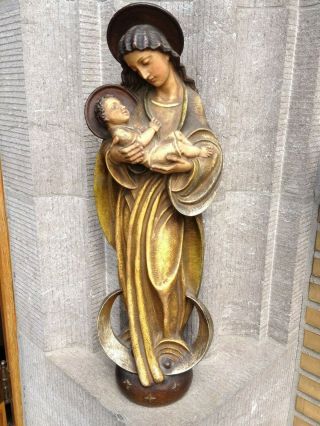 Huge Vintage Art Deco Polychrome Plaster Virgin Mary Madonna Child Jesus Statue