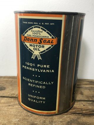 Vtg PENN SEAL 100 Pennsylvania Motor Oil 1 Quart Oil Can Metal Rare Scarce 6