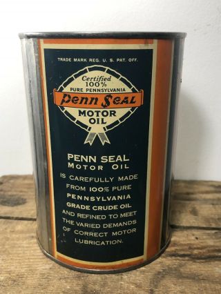 Vtg PENN SEAL 100 Pennsylvania Motor Oil 1 Quart Oil Can Metal Rare Scarce 7