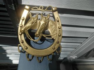 Vintage Brass Double Horse Heads - Lucky Horse Shoe Tack Wall Hook Coat Hanger
