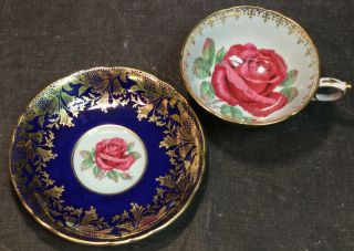 Vintage Paragon Gold Gilt Deep Blue Cup & Saucer W/ Large Rose Center