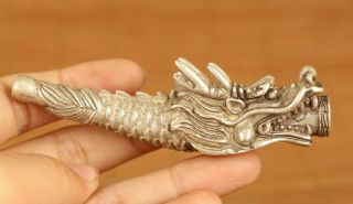 Rare Old Tibet Silver Hand Carved Dragon Pipe Smoking Tool Statue Ornament Gift