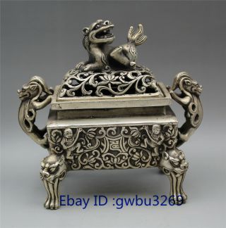 Chinese Tibetan Silver Hand - Carved Dragon Lion Lid Incense Burner W Xuande Mark