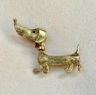 18k Solid Yellow Gold Dachshund Dog Brooch Pin Sapphire & Ruby Eye Moveable Head