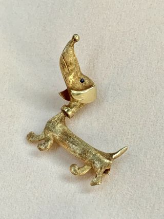 18K Solid Yellow Gold Dachshund Dog Brooch Pin Sapphire & Ruby Eye Moveable Head 3