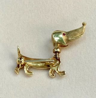 18K Solid Yellow Gold Dachshund Dog Brooch Pin Sapphire & Ruby Eye Moveable Head 4