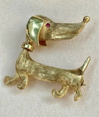 18K Solid Yellow Gold Dachshund Dog Brooch Pin Sapphire & Ruby Eye Moveable Head 8