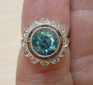 Antique Edwardian Platinum Topped 14k Gold Blue Zircon Diamond Ring