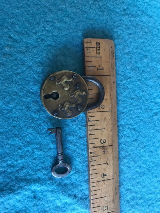 Unusual Small Antique Round Brass Padlock With Key 3 Cockerels Design Vgc