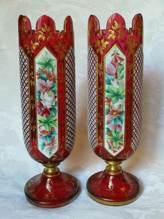 Antique Bohemian Moser Cranberry Glass Overlay Vases Floral Panels Gold