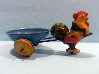 Colorful Antique Tin Toy Easter Egg Cart With Rooster 7 1/4 " Lindstrom 1930 