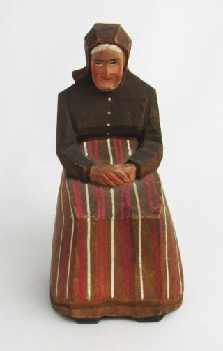 Antique Hand Carved Painted Wood Old Woman Sitting In Chair Figurine - So