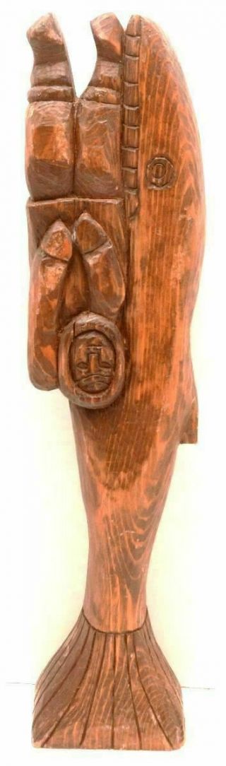 Vtg Native Northwest Coast Carved Inuit Eskimo Figure Fish Whale Man Wood Statue