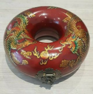 Antique Vintage Asian Dragon Phoenix Wooden Donut Jewellery Trinket Box