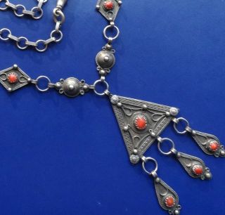 Antique Silver & Coral Berber Flower Pendant Fancy Chain Necklace - C874
