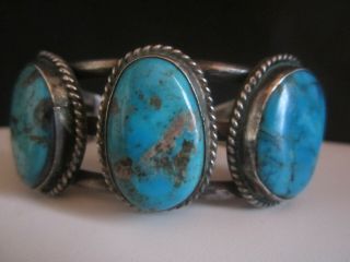 Vintage Pawn Navajo Sterling Silver Turquoise Row Cuff Bracelet Signed As