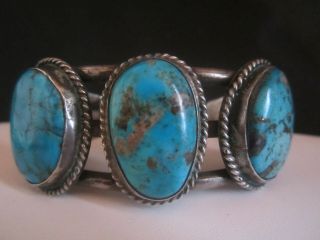 Vintage Pawn Navajo Sterling Silver Turquoise Row Cuff Bracelet Signed AS 2