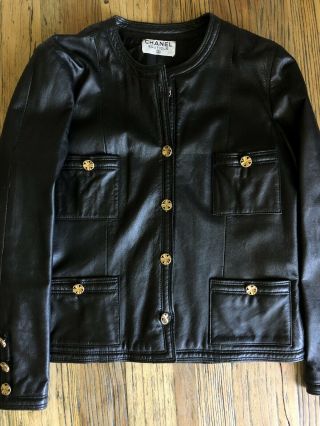 Authentic Chanel Vintage Long Sleeve Black Leather Jacket With Gold Tone Buttons