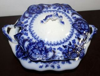 Rare ANTIQUE Flow Blue JOHNSON BROS Florida Large SOUP TUREEN With Lid 5