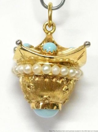 Vintage 18k Gold Cultured Pearl Turquoise Blue Stone Pagoda Pendant Charm 9.  8gr
