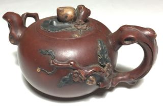 1 of 8 Old Chinese YIXING Teapot ZISHA Clay Tree Trunk Handle Fruit Signed 3