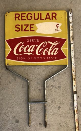 Vintage 1950 ' s Coca Cola Fishtail Soda Pop Bottle Holder Price Tin Sign 3