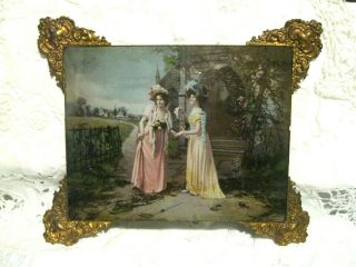 Antique 1898 Ullman Mfg Co.  Print On Glass Of 2 Victorian Women Countryside