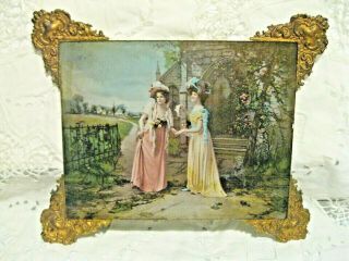 Antique 1898 Ullman Mfg Co.  Print on Glass of 2 Victorian Women Countryside 6