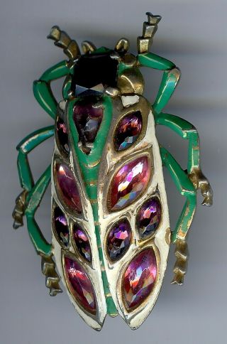 Large Vintage Purple & Pink Faceted Glass Green Enamel Beetle Insect Dress Clip