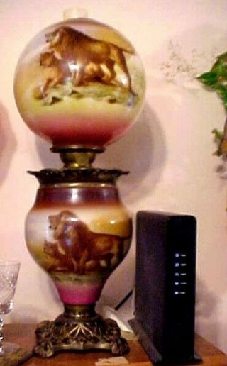Fantastic Antique Gone With The Wind Kerosene Lamp With Hp Lions On Top & Bottom