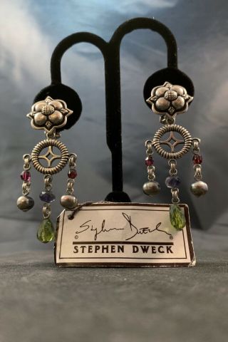 Vintage Stephen Dweck Sterling Silver Earrings Black Pearl Gems Dream Catcher 7