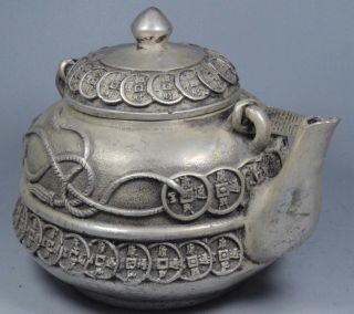 Ancient Old Collectable Miao Silver Carve Fortune C0ins Toad Lid Special Tea Pot 2