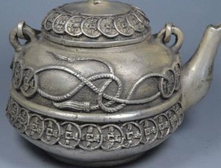 Ancient Old Collectable Miao Silver Carve Fortune C0ins Toad Lid Special Tea Pot 3