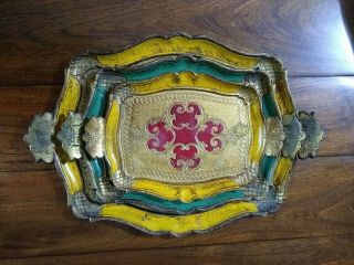 Italian Gold Gilt Florentine Hand Painted Toleware Wood Trays Set Of 3
