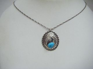 Vintage Navajo K.  Mtz Navajo Sterling Silver Pendant Necklace Turquoise 20 "