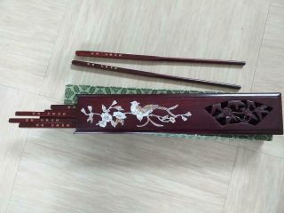 Vintage Lacquer Wood Chinese Chopsticks In Holder With Mother Of Pearl Deco