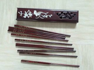 vintage lacquer wood Chinese chopsticks in holder with mother of pearl deco 2