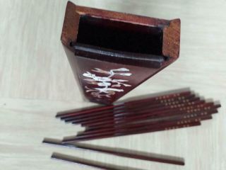 vintage lacquer wood Chinese chopsticks in holder with mother of pearl deco 4