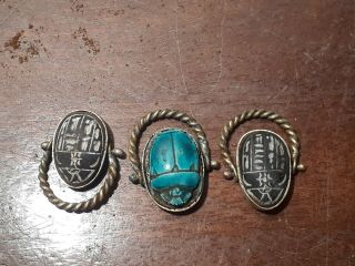 Rare Antique Ancient Egyptian 3 Bronze Rings Scarabs Good Luck Hirogl1780 - 1660bc