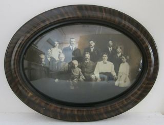 Antique Sepia Family Photo In Oval Bubble Dome Glass Wood Frame 18x24
