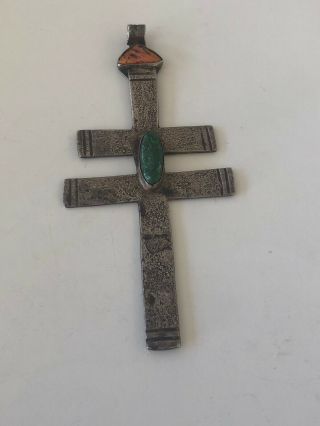 Large Almost 5 " Double Bar Cross Pendant Jeweled Navajo Pueblo Worn Out