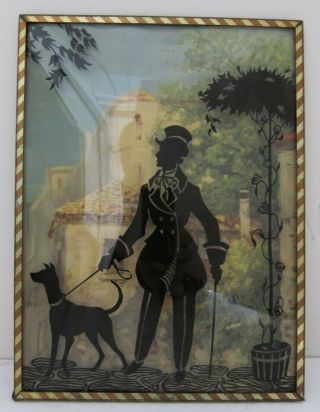 Antique Reverse Painted Silhouette On Bubble Glass Victorian Gentleman & Dog 6x8