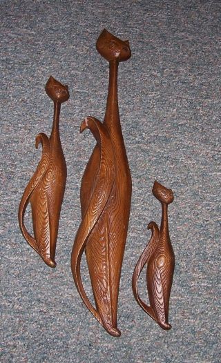 Vintage 3 Mid Century Sexton Metal Wall Cats - 754 Deluxe Wood Grain Large 27 "