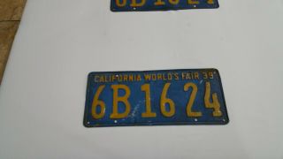 VINTAGE RARE PAIR 1939 CALIFORNIA WORLD’S FAIR LICENSE PLATES 6B 16 24 5