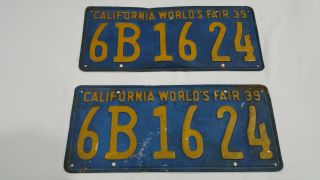 VINTAGE RARE PAIR 1939 CALIFORNIA WORLD’S FAIR LICENSE PLATES 6B 16 24 6