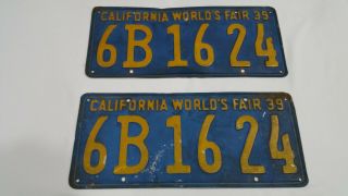 VINTAGE RARE PAIR 1939 CALIFORNIA WORLD’S FAIR LICENSE PLATES 6B 16 24 8